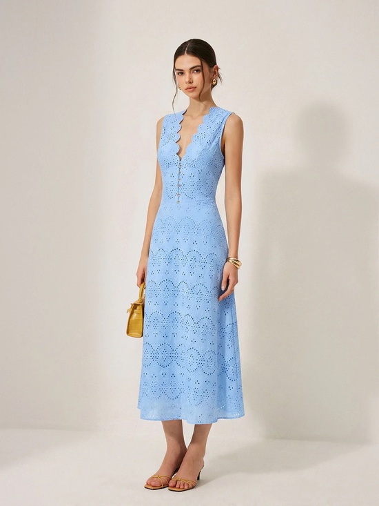 Commense Dresses & Skirts - Commense Cotton Sleeveless Embroidered Eyelet Dress with Deep V Neck